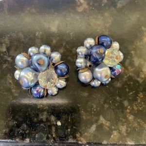 Blue Beaded Clip On Earrings